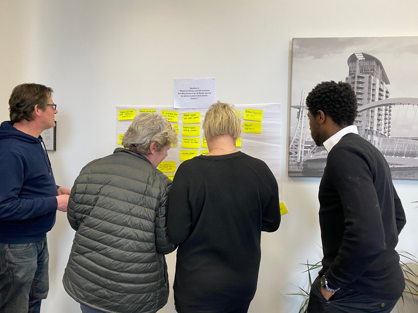 A group of four Energise Manchester team members stand in front of a wall reading from sticky notes listing retrofit measures, which are arranged in a grid.
