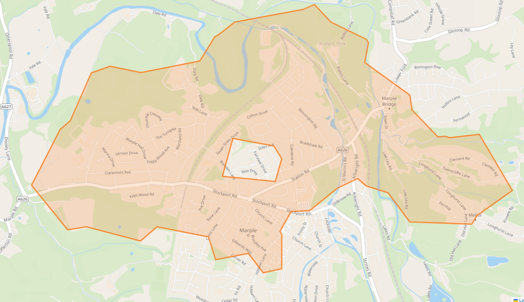 Map showing the local area around Marple where the local grid needs support, the area covers the north of  Marple, Marple Bridge and part of Mellor.