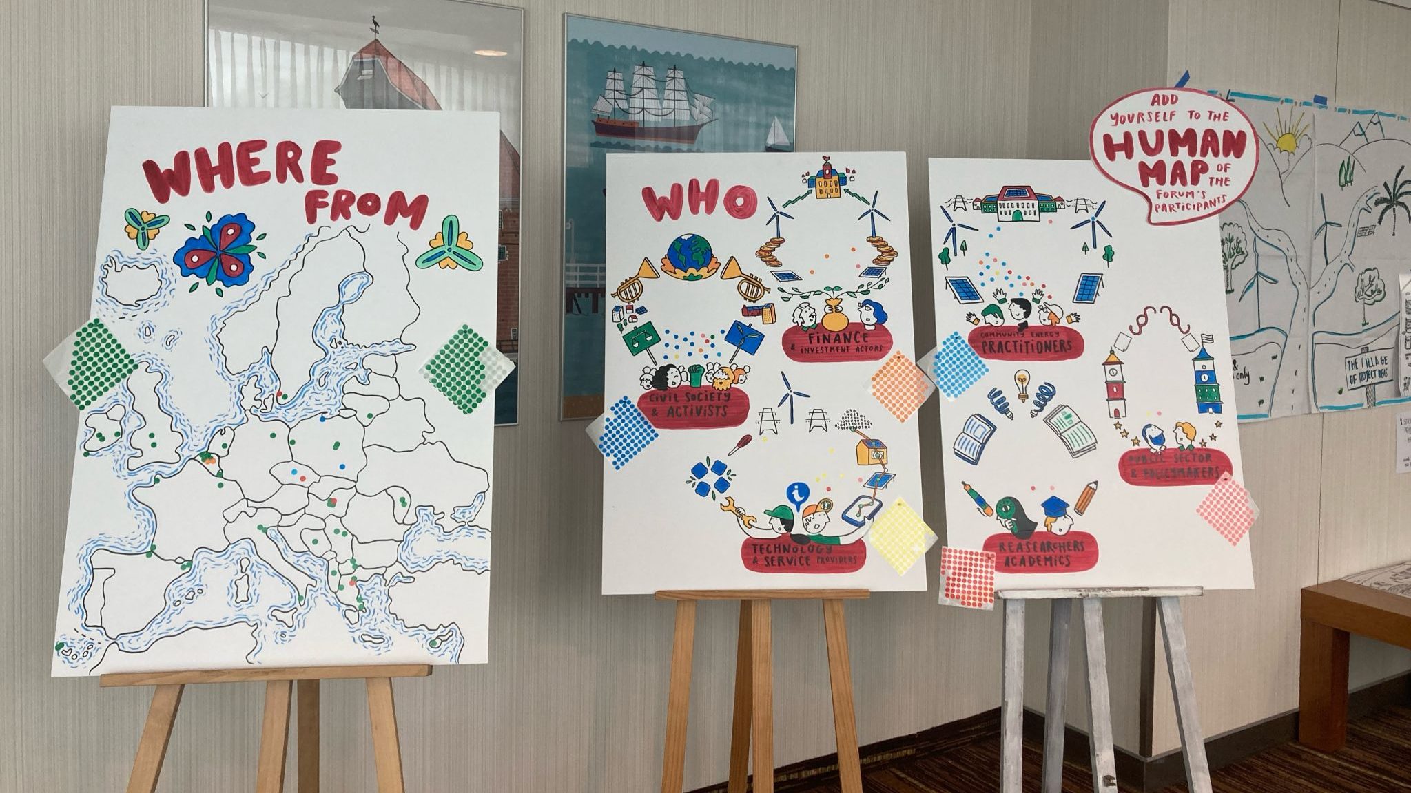 Three large, hand-drawn infographic posters on easels at a workshop. The posters use colorful diagrams to visually categorise event participants by their origin on a map of Europe ("WHERE FROM"), their sector ("WHO"), and their professional role ("PRACTITIONERS," "RESEARCHERS").